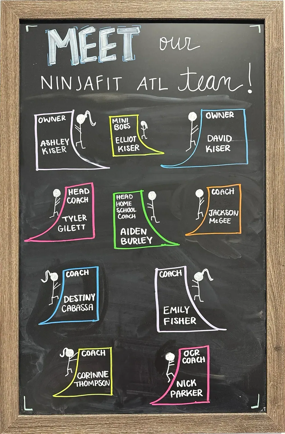 A chalkboard at NinjaFit titled Meet our NinjaFit ATL team, listing the owners Ashley and David Kiser, Mini Boss Elliot Kiser, Head Coach Tyler Gillett, Head Homeschool Coach Aiden Burley, coaches Jackson McGee, Destiny Cabassa, Emily Fisher and Corinne Thompson, and OCR Coach Nick Parker